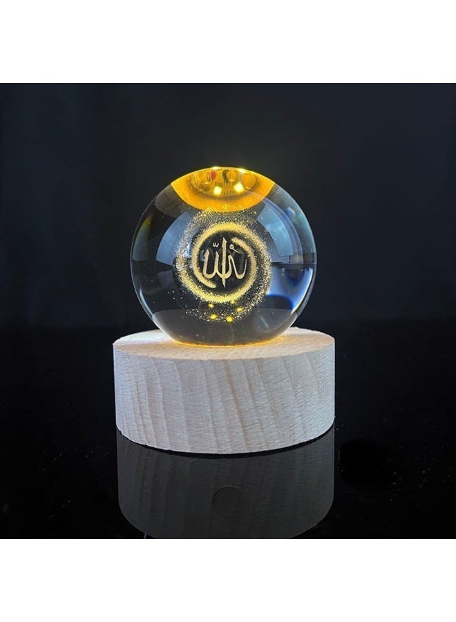 ARABIQO 3D Crystal Ball Night Light 8cm with Wooden Base, USB Powered LED Glass Lamp for Bedroom & Home Décor, Galaxy Crystal Gift for Valentine’s Day, Ramadan & Special Occasions (Allah) - Image 2